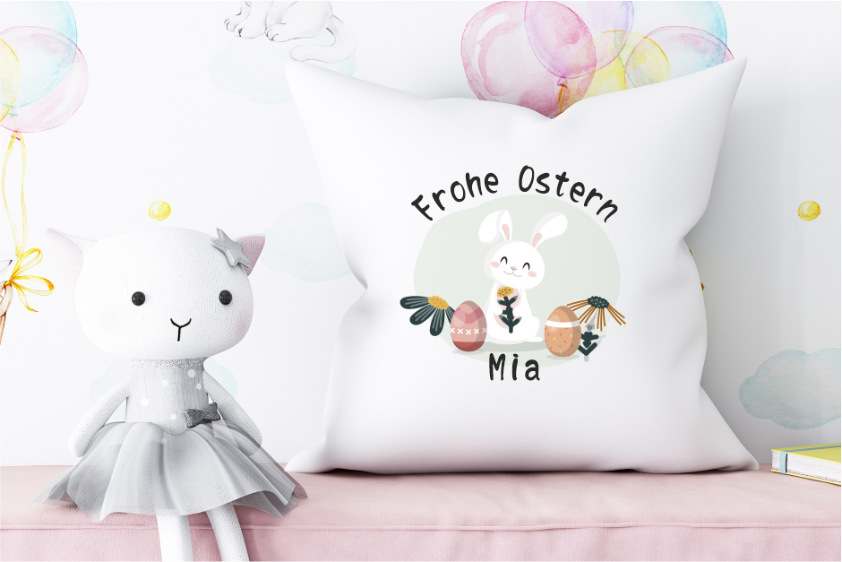 Kissen Frohe Ostern personalisiert mit Name | Ostergeschenk Kissen | personalisiertes Geschenk zu Ostern mit niedlichen Osterhasen