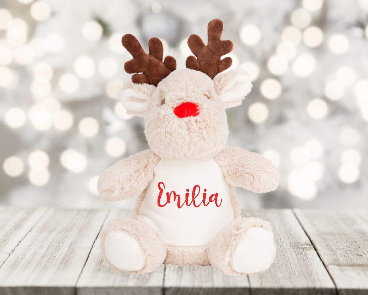 Kuscheltier Rentier mit Namen | Personalisiertes Weihnachtsgeschenk