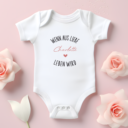 Baby bodysuit personalized with name and saying "When love becomes life"