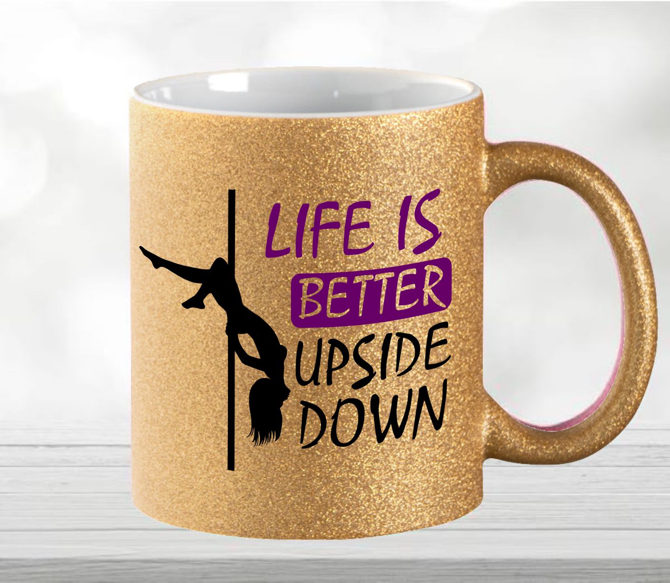 Mug pailleté Pole Dance La vie est meilleure à l'envers