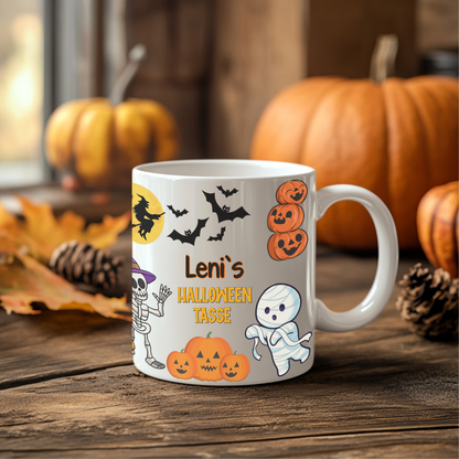 Halloween Tasse personalisiert mit Name | Halloween Becher mit Fledermäuse, Mumie, Kürbisse, Skelett | Personalisierte Halloween Kaffeebecher