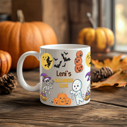 Halloween Tasse personalisiert mit Name | Halloween Becher mit Fledermäuse, Mumie, Kürbisse, Skelett | Personalisierte Halloween Kaffeebecher