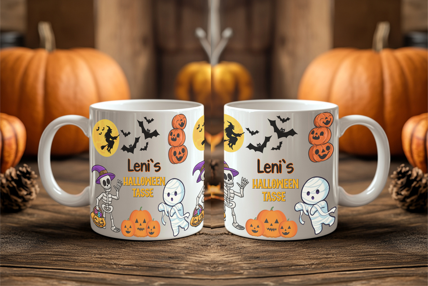 Halloween Tasse personalisiert mit Name | Halloween Becher mit Fledermäuse, Mumie, Kürbisse, Skelett | Personalisierte Halloween Kaffeebecher