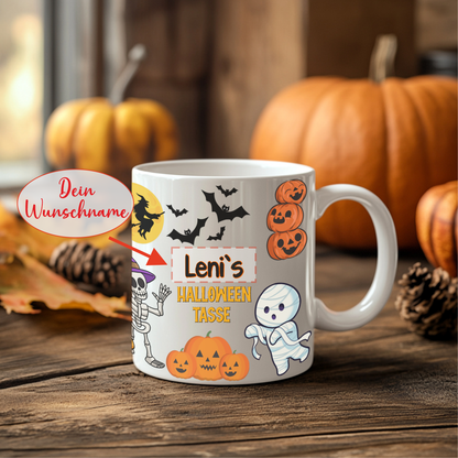 Halloween Tasse personalisiert mit Name | Halloween Becher mit Fledermäuse, Mumie, Kürbisse, Skelett | Personalisierte Halloween Kaffeebecher